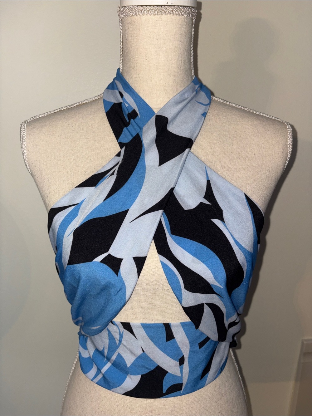 Cotton Candy Blue & Black Abstract Cross-Halter Wrap Crop Top